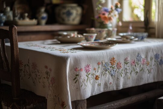 French cottage dining scene featuring embroidered linen, antique tableware, and rustic wood textures creating a cozy vintage atmosphere