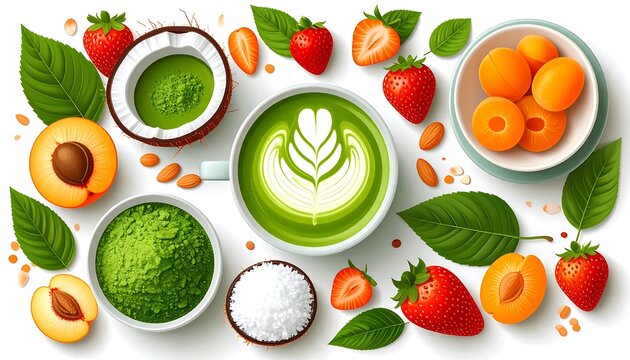 Fresh matcha latte with fruits and nuts on white background.