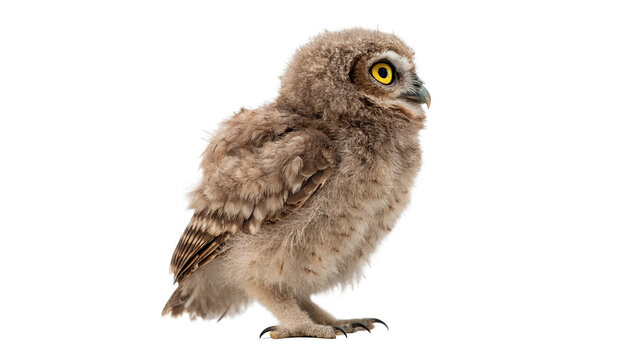 Small fluffy brown baby owl owlet sitting portrait isolated on transparent background