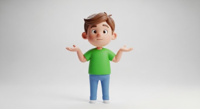 3D cartoon boy shrugging in confusion