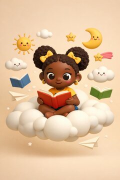 african american girl reading book on cloud