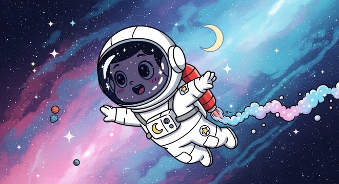 cartoon astronaut floating in space with cute teddy bear