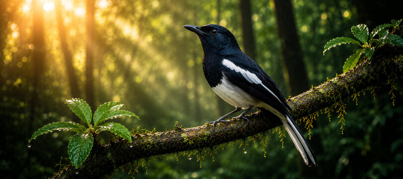 Oriental magpie robin with black and white feathers perched on a mossy forest branch at sunrise