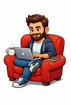 cartoon man sitting on red chair with laptop