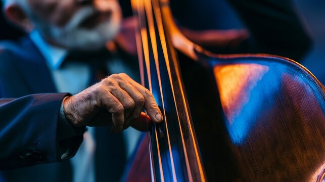Middle aged Caucasian man playing double bass on stage, close up hand plucking strings during live jazz performance, showcasing musical talent, rhythm, instrument and artistic expression