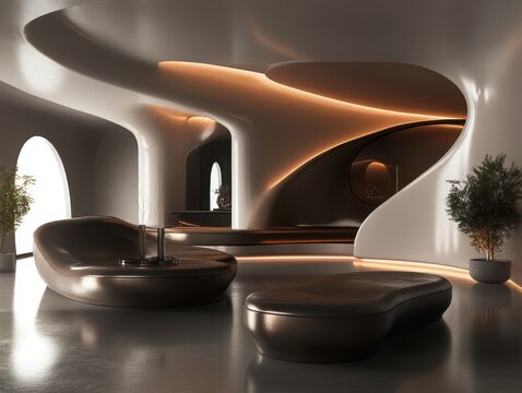 Modern futuristic concept featuring sleek forms and fashionable mocha hues highlighting innovative design, minimal aesthetics, and refined visual style