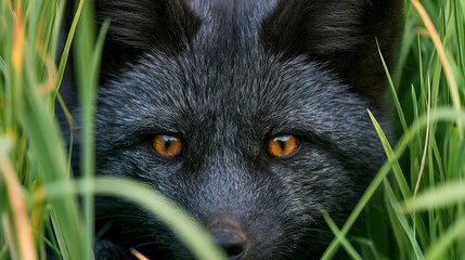Fototapeta premium Young silver fox peeks from green grass.