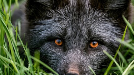Fototapeta premium Young silver fox peeks from green grass.
