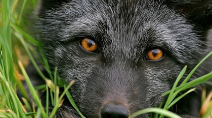 Fototapeta premium Young silver fox peeks from green grass.