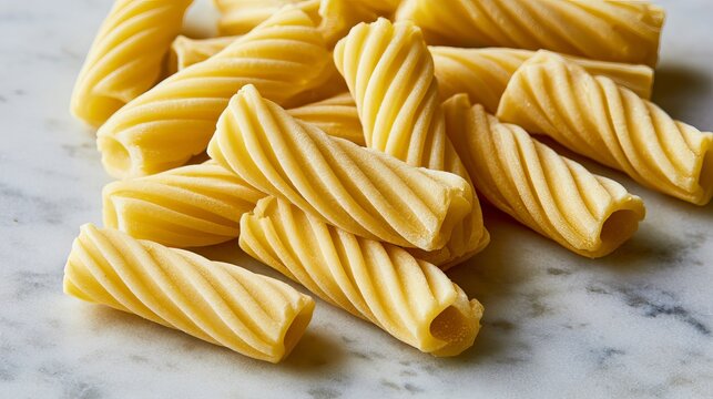 Tortiglioni, a pasta shape like rigatoni, features wider, deeper grooves spiraling around it.