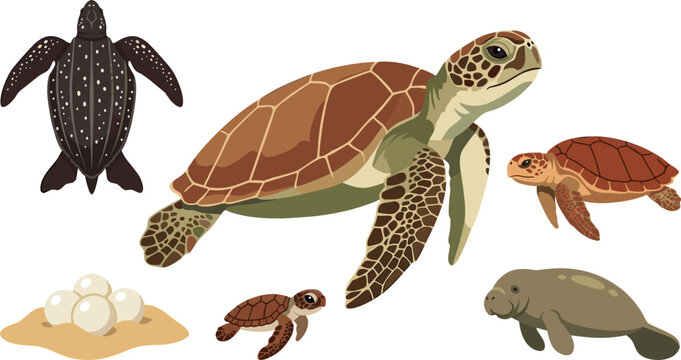 Marine Life Vector Element Set Featuring Sea Turtles, Leatherback Turtle, Hatchling, Turtle Eggs on Sand, and Cute Manatee for Ocean Designs