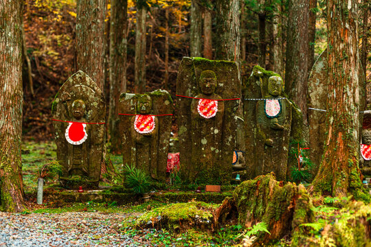 Stone Jizo statues in red bibs among cedar trees at Okunoin Cemetery in Koyasan, Japan