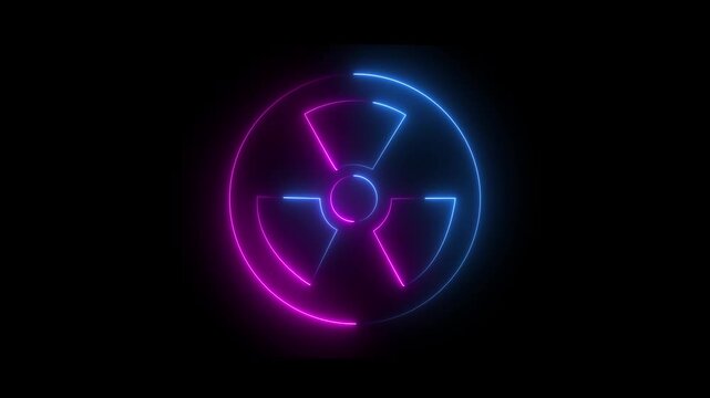 Neon pink and blue color Bright radioactive sign icon on black background.