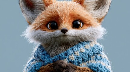 Fototapeta premium Small, charming fox wears a blue sweater.