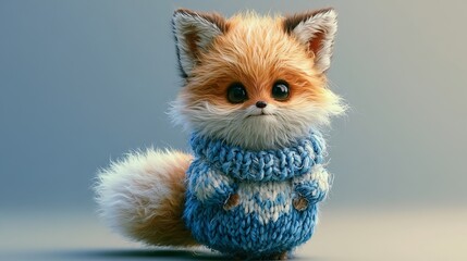 Fototapeta premium Small, charming fox wears a blue sweater.