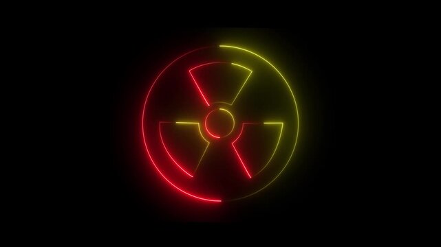 Neon red and yellow color Bright radioactive sign icon on black background.