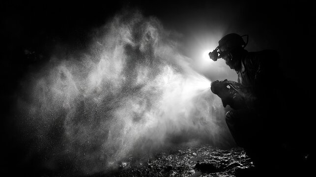 Miner sprays fire-fighting powder deep underground in a coal mine.