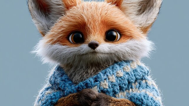 Small, charming fox wears a blue sweater.