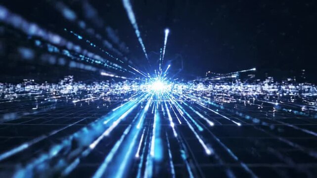 Digital stream of data travels at high speed through a VSRExport system in a tech setting