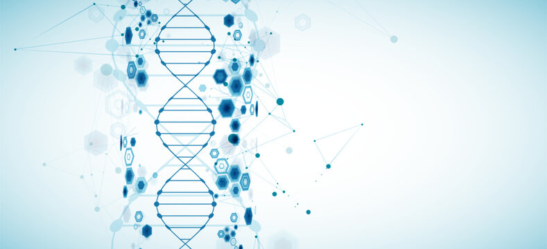 Abstract medical background with blue DNA helix structure and technology hexagons. Vector illustration