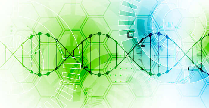 Abstract biotechnology background with a green and blue DNA double helix molecule and hexagonal patterns on a white background.