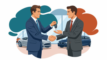 Fototapeta premium Businessmen shaking hands and exchanging car keys in a showroom