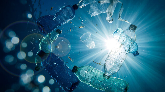 Plastic bottles floating underwater in blue ocean water.