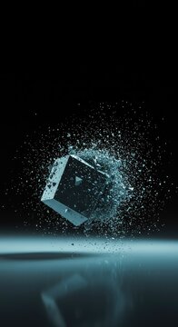 A geometric solid slowly disintegrating into scattered particles, representing the inevitable progression of increasing randomness and disorder, inevitable, physics, pattern