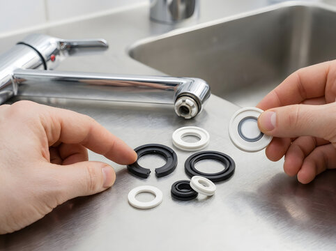 Plumber Pointing to Broken Rubber Washer Near Sink Faucet | Close Up of Hands Selecting O-Ring Gaskets for Faucet Repair | Replacing Damaged Rubber Seals and Washers on Kitchen Tap 