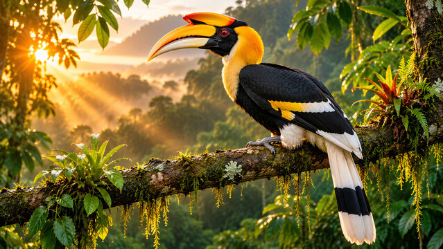Magnificent great hornbill perched on a mossy tree branch in tropical rainforest at sunrise