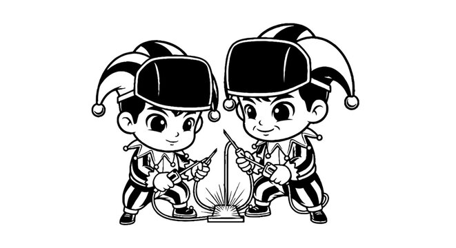 Two cartoon jesters in medieval costumes holding swords.