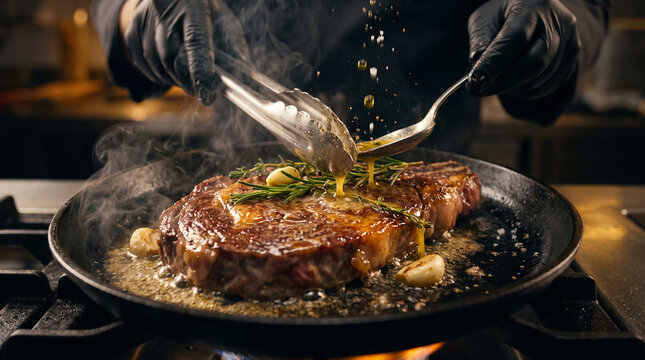Premium ribeye steak sizzling on a hot cast-iron skillet