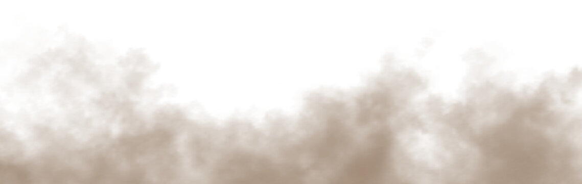 Transparent png of brown dust sand soil smoke cloud particles isolated on a clean transparent background. Sandstorm haze explosion rising upward effect design element overlays for compositing white