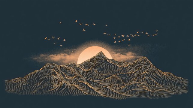 Golden lines show a minimalist mountain landscape with birds at sunrise or sunset. This art is on a dark background, perfect for fancy wall decoration.