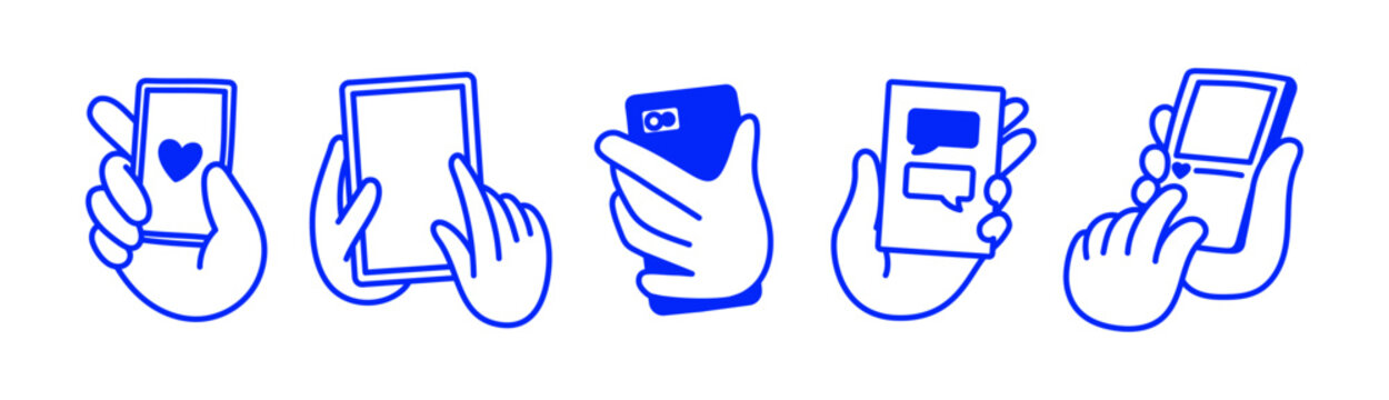 Vector illustration in doodle line style, mascot and character hands holding smartphones with apps, digital  screens, using mobile apps, chats, social media, mail and video call applications