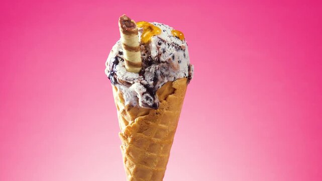 Ice cream in a waffle cone slowly rotates against a bright colored background