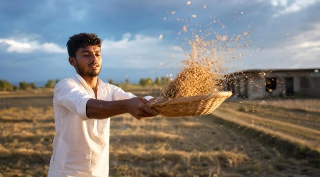 Farmer winnowing grain in field at harvest