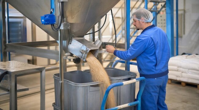 Worker operating grain processing equipment