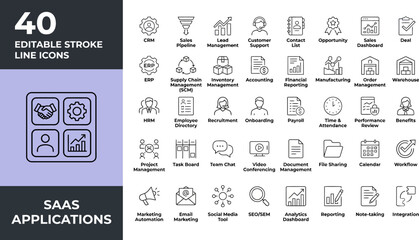 Naklejka premium SaaS Applications and Enterprise Software Line Icons Set