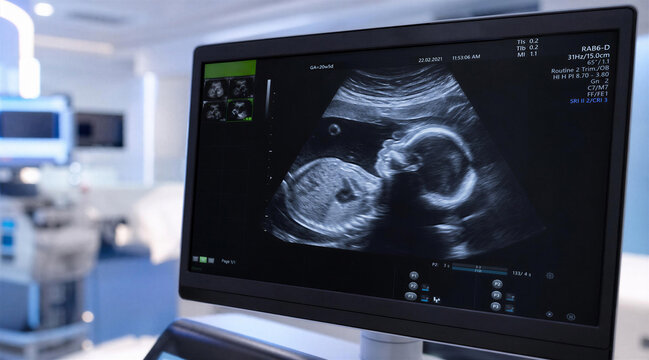Ultrasound scan display showing fetal imaging