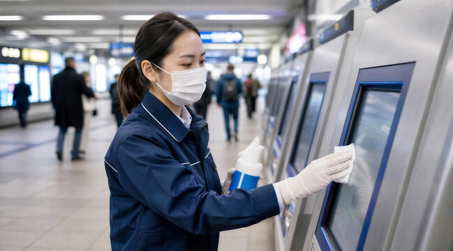 Worker disinfecting ATM machine at transit station