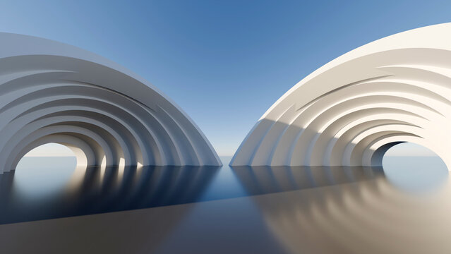 3D render of abstract symmetrical white curved architectural arches under blue sky, minimalist modern pavilion structure on reflective floor background