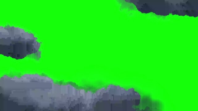 Storm clouds drift across a bright green screen field to allow for easy replacement of the background.