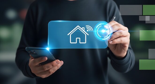 Smart home technology concept hand interacting with digital house interface