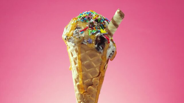 Ice cream in a waffle cone slowly rotates against a bright colored background