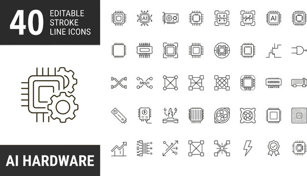 40 AI Hardware and Semiconductor Line Icons Vector Illustration