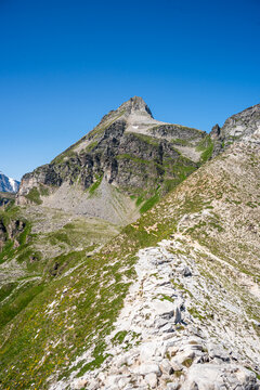 Steep mountain slope and rocky trail near Monte Cazzola in Alpe Veglia Alpe Devero Nature Park in Piedmont, Italy