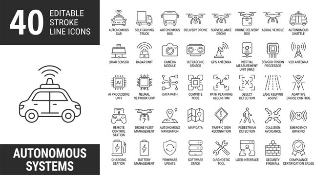 40 Autonomous Systems and Self-Driving Technology Line Icons Vector Illustration