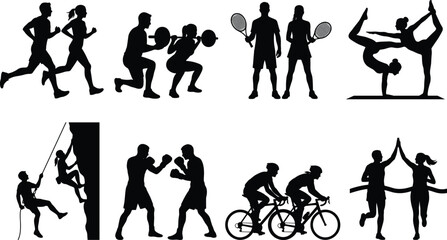 Obraz premium Fitness and active sports couple silhouette vector icons set for healthy lifestyle training and workout designs
