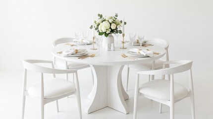 Fototapeta premium Elegant white round dining table set for four people featuring minimalist modern chairs with gold cutlery and a beautiful floral centerpiece arrangement in a bright clean studio photography lighting 